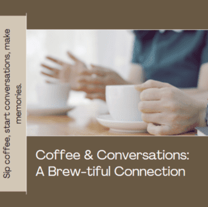 brown and white photo with people gathered around the kitchen table talking. Featured hands and coffee cups.