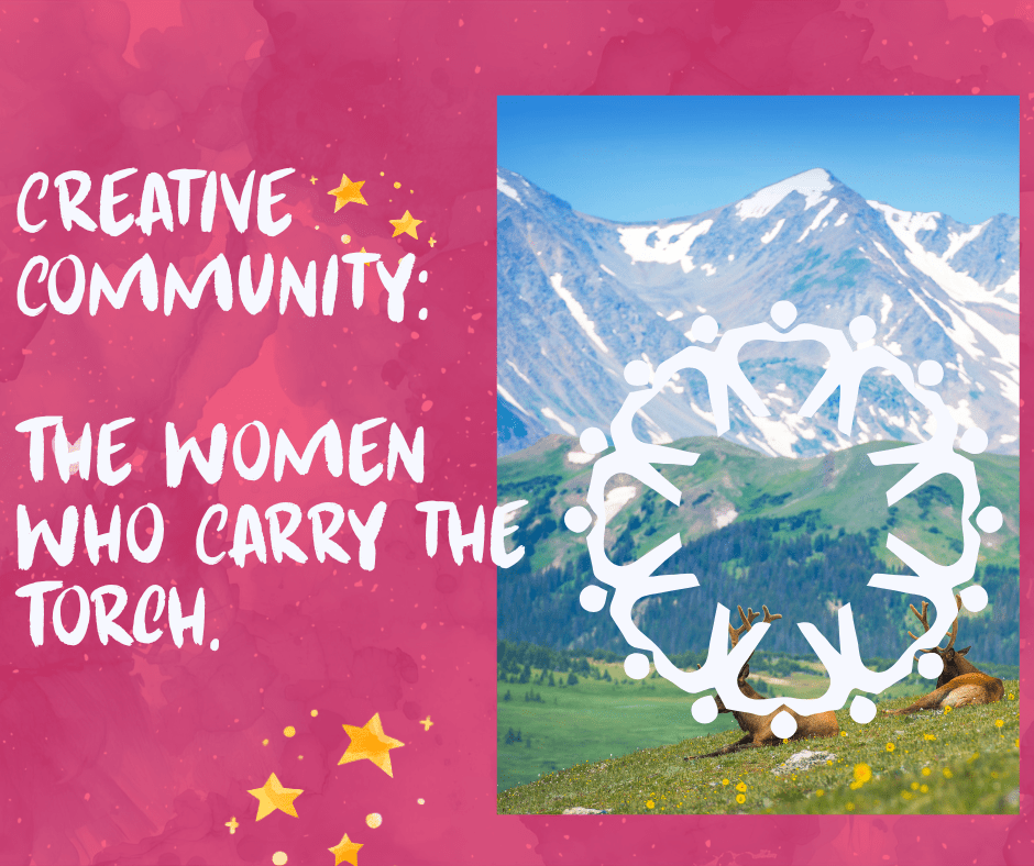 Pink background with stars and a picture of a springtime mountain and valley with a graphic of figures holding hands.