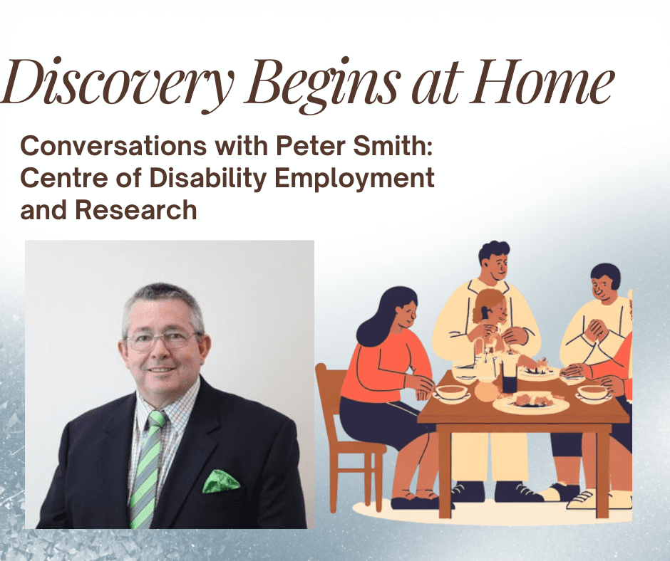 Headshot of Peter Smith wearing suit and tie. Peter has a short hair cut, glasses a dark suit, light green shirt and matching striped tie. Graphic of a family around the kitchen table.