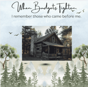 water color of mountains in summer with a photo of an old rustic cabin in the center