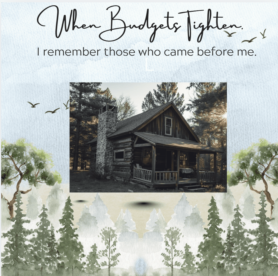 water color of mountains in summer with a photo of an old rustic cabin in the center