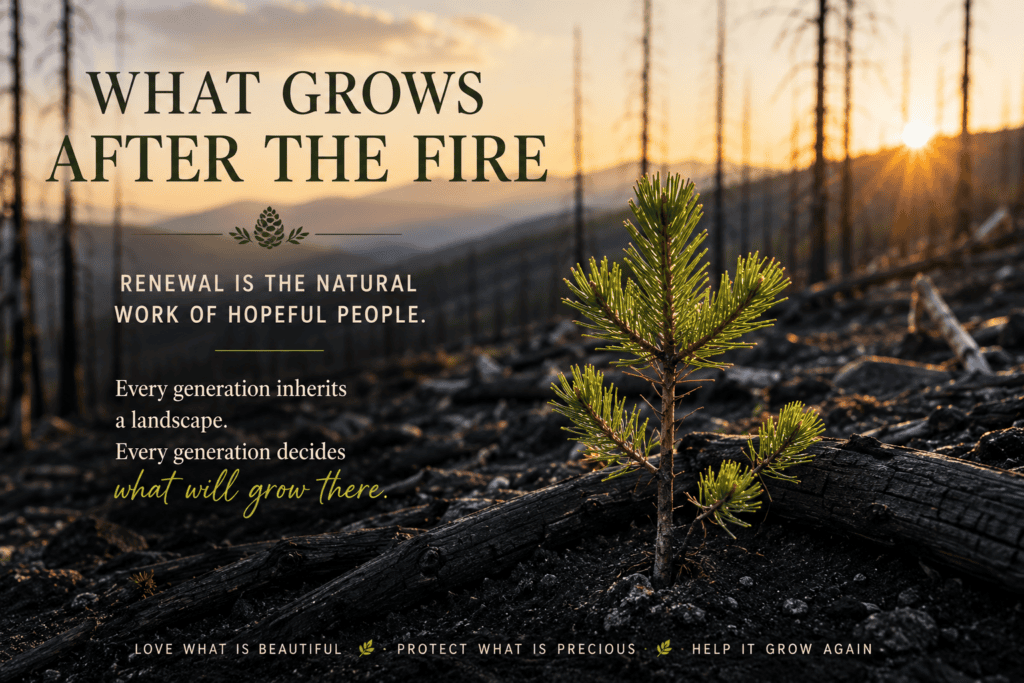 A burned out forest with a new green pine tree sprouting out of a blackened ground.