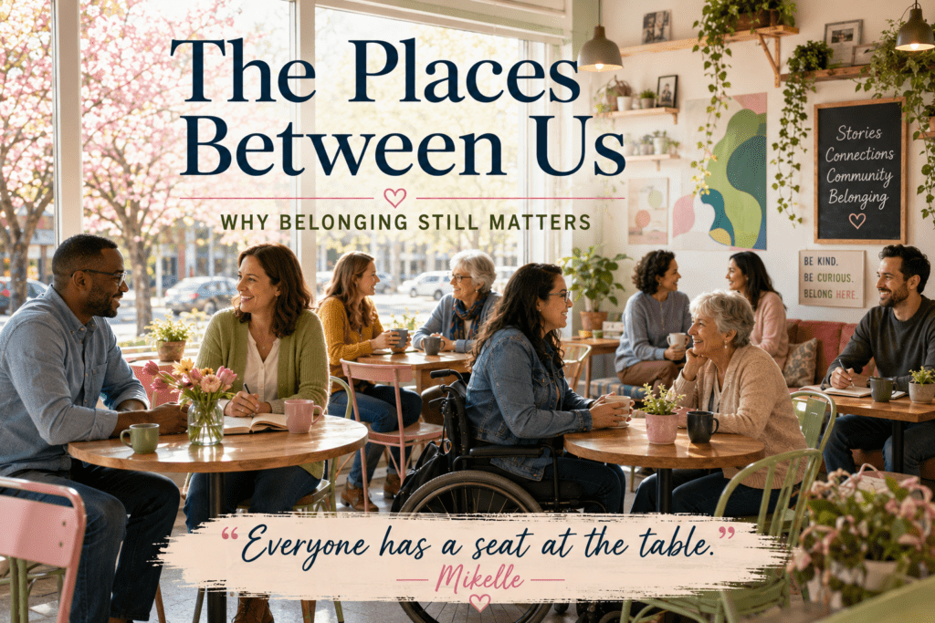 A diverse group of people enjoying conversation at the local coffee shop;