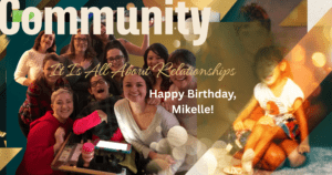 warm tones highlighting Mikelle surrounded by friends and family. A second image shows Mikelle and her brother as children.