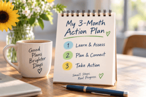 A kitchen table sits in the morning sun, a coffee cup and table on the table displaying a 3 month action plan.